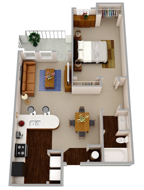 The Solomon a one bedroom one bath apartment with modern features that include wood flooring, granite countertops, dark wood cabinetry, and stainless steel appliances and hardware.